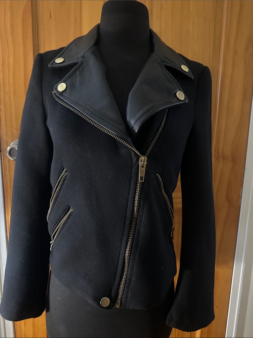 Zara Black Moto Jacket with Leather Lapel